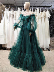 Green Puffy Sleeves Lace Top Long Party Dresses, Green Tulle Prom Dresses