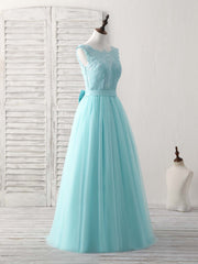 Green Round Neck Lace Tulle Long Prom Dresses, Evening Dresses