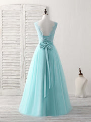 Green Round Neck Lace Tulle Long Prom Dresses, Evening Dresses