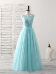 Green Round Neck Lace Tulle Long Prom Dresses, Evening Dresses