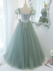 Green Round Neck Tulle Long Prom Dresses, Green Evening Dresses