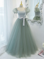 Green Round Neck Tulle Long Prom Dresses, Green Evening Dresses