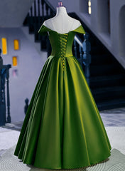 Green Round Neckline A-line Simple Party Dresses, Green Satin Prom Dresses