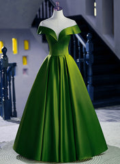 Green Round Neckline A-line Simple Party Dresses, Green Satin Prom Dresses