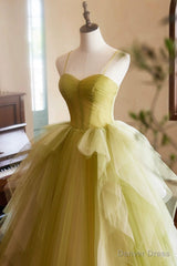 Green Ruffle Long A-Line Prom Dresses, Spaghetti Straps Backless Evening Dresses