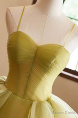 Green Ruffle Long A-Line Prom Dresses, Spaghetti Straps Backless Evening Dresses