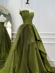 Green Ruffle Tiered Prom Dresses Strapless, Green Long Party Dresses