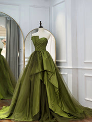 Green Ruffle Tiered Prom Dresses Strapless, Green Long Party Dresses