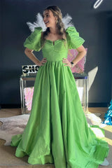 Green Ruffled Puff Sleeves Satin Long Prom Dresses