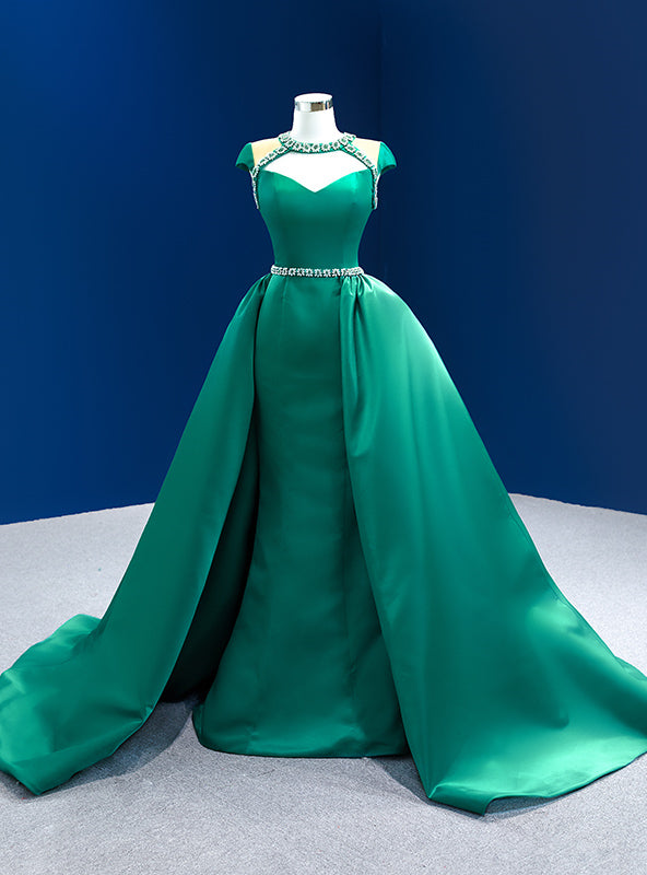 Green Satin Cap Sleeve Crystal Beading Prom Dress