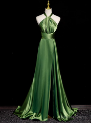 Green Satin Halter Backless Prom Dress