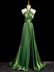 Green Satin Halter Backless Prom Dress