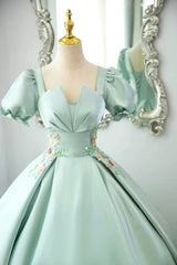 Green Satin Lace Long Prom Dresses, Beautiful A-Line Short Sleeve Evening Party Dresses