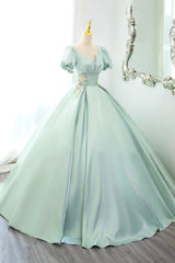 Green Satin Lace Long Prom Dresses, Beautiful A-Line Short Sleeve Evening Party Dresses