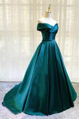 Green Satin Long A-Line Prom Dresses, Simple Off the Shoulder Evening Dresses