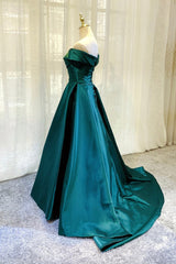 Green Satin Long A-Line Prom Dresses, Simple Off the Shoulder Evening Dresses