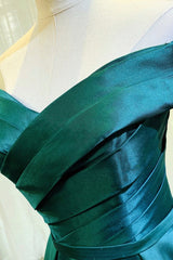 Green Satin Long A-Line Prom Dresses, Simple Off the Shoulder Evening Dresses