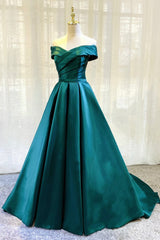 Green Satin Long A-Line Prom Dresses, Simple Off the Shoulder Evening Dresses