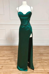 Green Satin Long Prom Dresses, Simple Lace-Up Evening Party Dresses