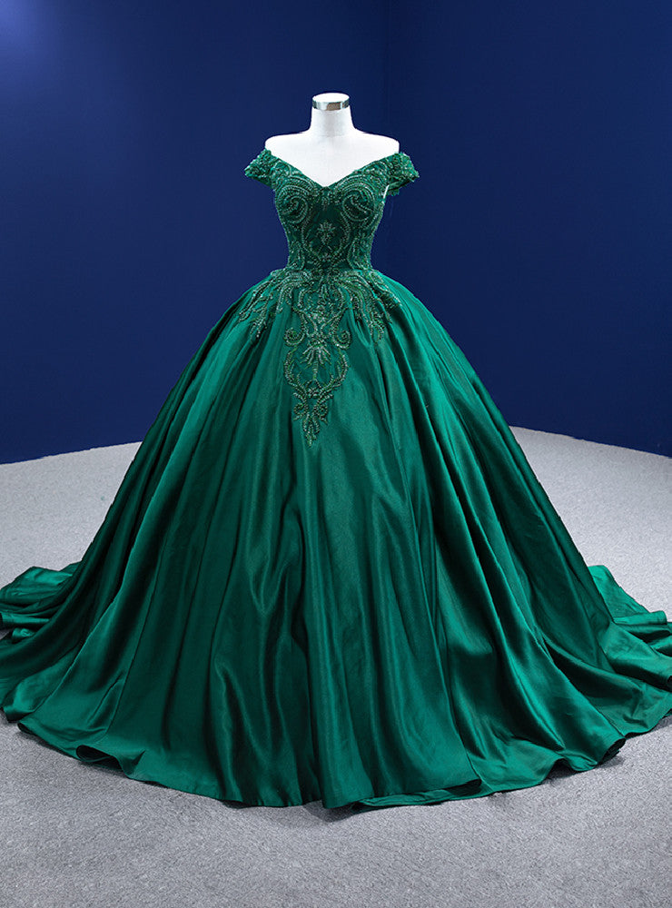 Green Satin Off the Shoulder Appliques Beading Prom Dress