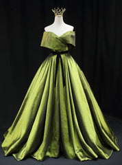 Green Satin Off the Shoulder Pleats Prom Dresses With Belt