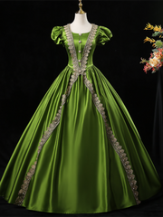 Green Satin Puff Sleeve Appliques Victorian Rococo Dresses