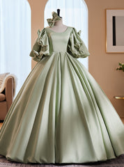 Green Satin Puff Sleeve Bow Pearls Quinceanera Dress