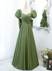 Green Satin Puff Sleeve Pleats Prom Dress With Bow