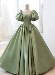 Green Satin Puff Sleeve Quinceanera Dress