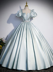 Green Satin Puff Sleeve Sequare Quinceanera Dresses