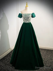 Green Satin Sequins Puff Sleeve Prom Dress