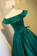 Green Satin Short Homecoming Dresses, Cute Off the Shoulder Knee Length Prom Dresses