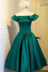 Green Satin Short Homecoming Dresses, Cute Off the Shoulder Knee Length Prom Dresses