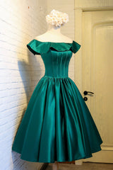 Green Satin Short Homecoming Dresses, Cute Off the Shoulder Knee Length Prom Dresses