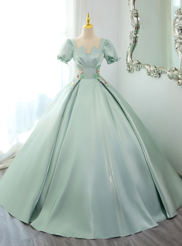 Green Satin Short Sleeve Square Neck Appliques Quinceanera Dress