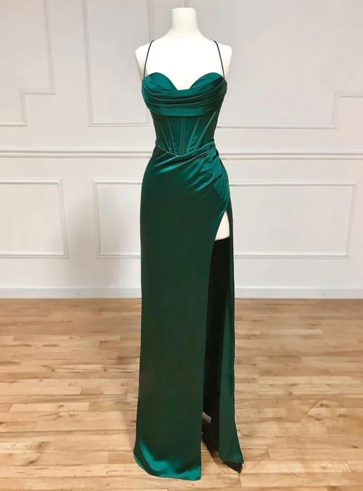 Green Satin Spaghetti Straps Backless Prom Dress