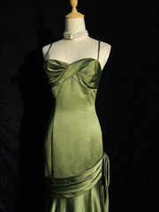 Vestido de tira verde de cetim de cetim longa, vestido de festa de casamento verde longo verde