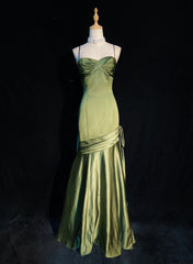 Vestido de tira verde de cetim de cetim longa, vestido de festa de casamento verde longo verde