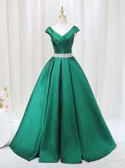 Green Satin V-neck Pleats Beading Prom Dress