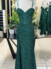 Green Sequins Spaghetti Straps Prom Dress