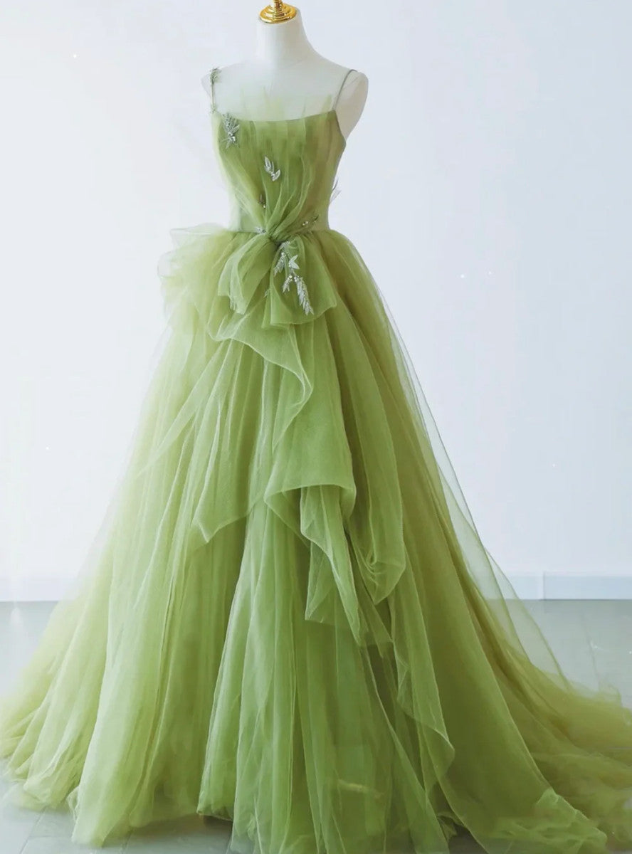 Green Spaghetti Strap Tulle Appliques Prom Dress