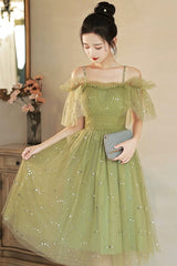 Green Spaghetti Strap Tulle Short Prom Dresses, Charming Knee Length A-Line Party Dresses