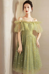 Green Spaghetti Strap Tulle Short Prom Dresses, Charming Knee Length A-Line Party Dresses