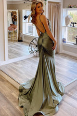 green spaghetti straps satin backless mermaid prom dress