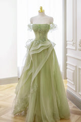 Green Strapless Prom Dresses Off the Shoulder A Line Lace Printed Dresses