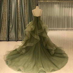 Green Straps Sweetheart Tulle Long Evening Dresses, Green Layers Tulle Prom Dresses