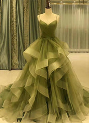 Green Straps Sweetheart Tulle Long Evening Dresses, Green Layers Tulle Prom Dresses