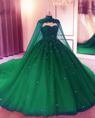 Green Sweetheart Ball Gown Prom Dresses With Cape