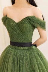 Green Sweetheart Shiny Tulle Off Shoulder Party Dresses, Green Long Prom Dresses