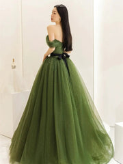 Green Sweetheart Shiny Tulle Off Shoulder Party Dresses, Green Long Prom Dresses